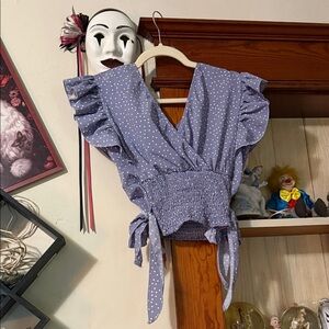 SHEIN Lavender Polka Dot Ruffle Wrap Blouse